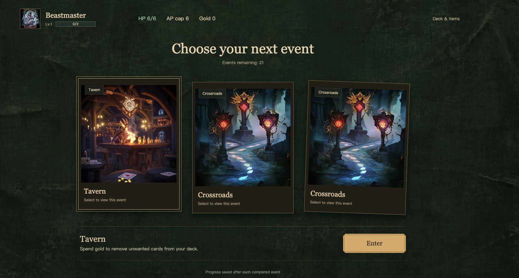 Age of War event selection screen showing Tavern and Crossroads options