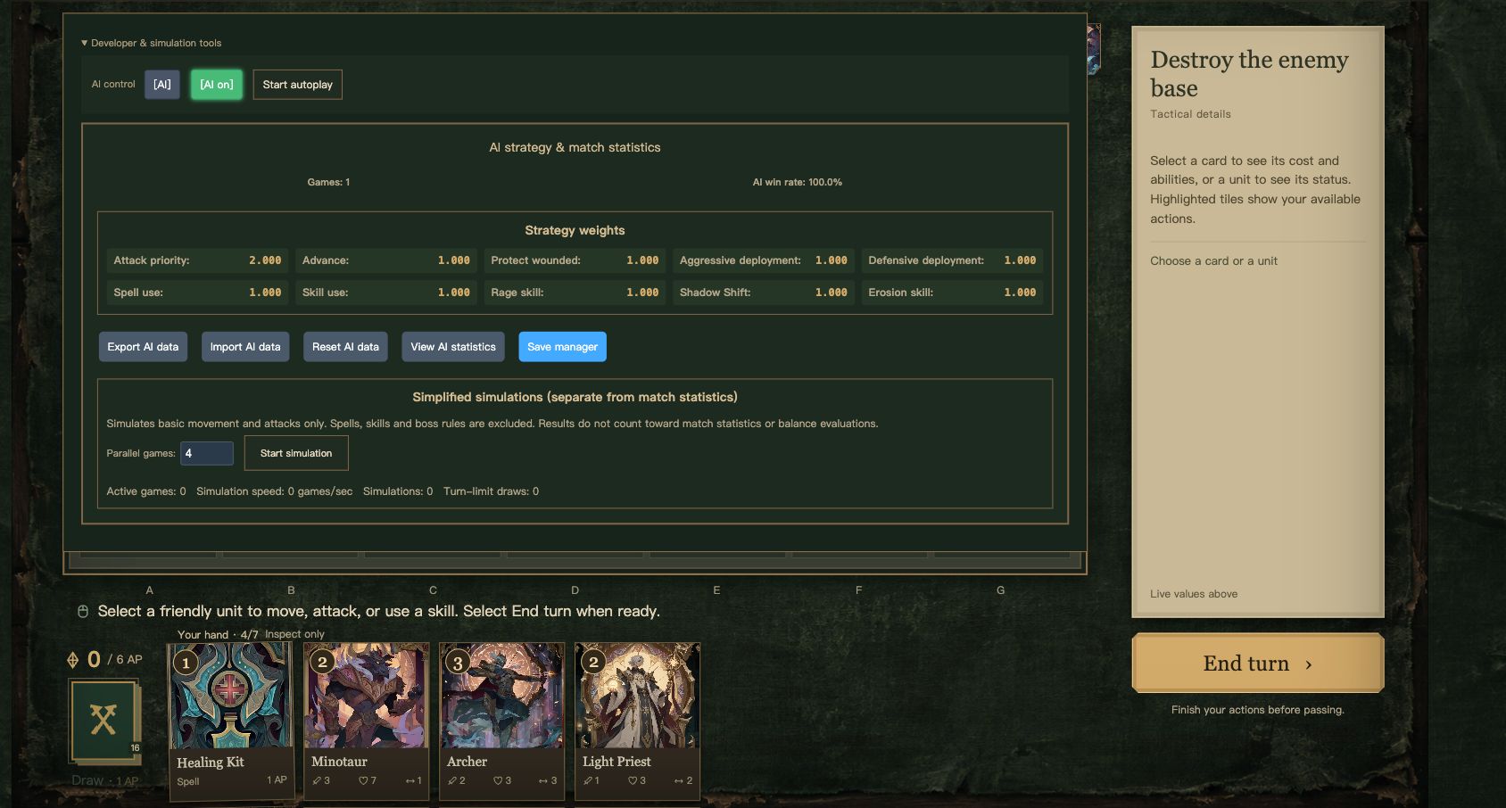 Age of War strategy control panel with strategy weights and simulation tools