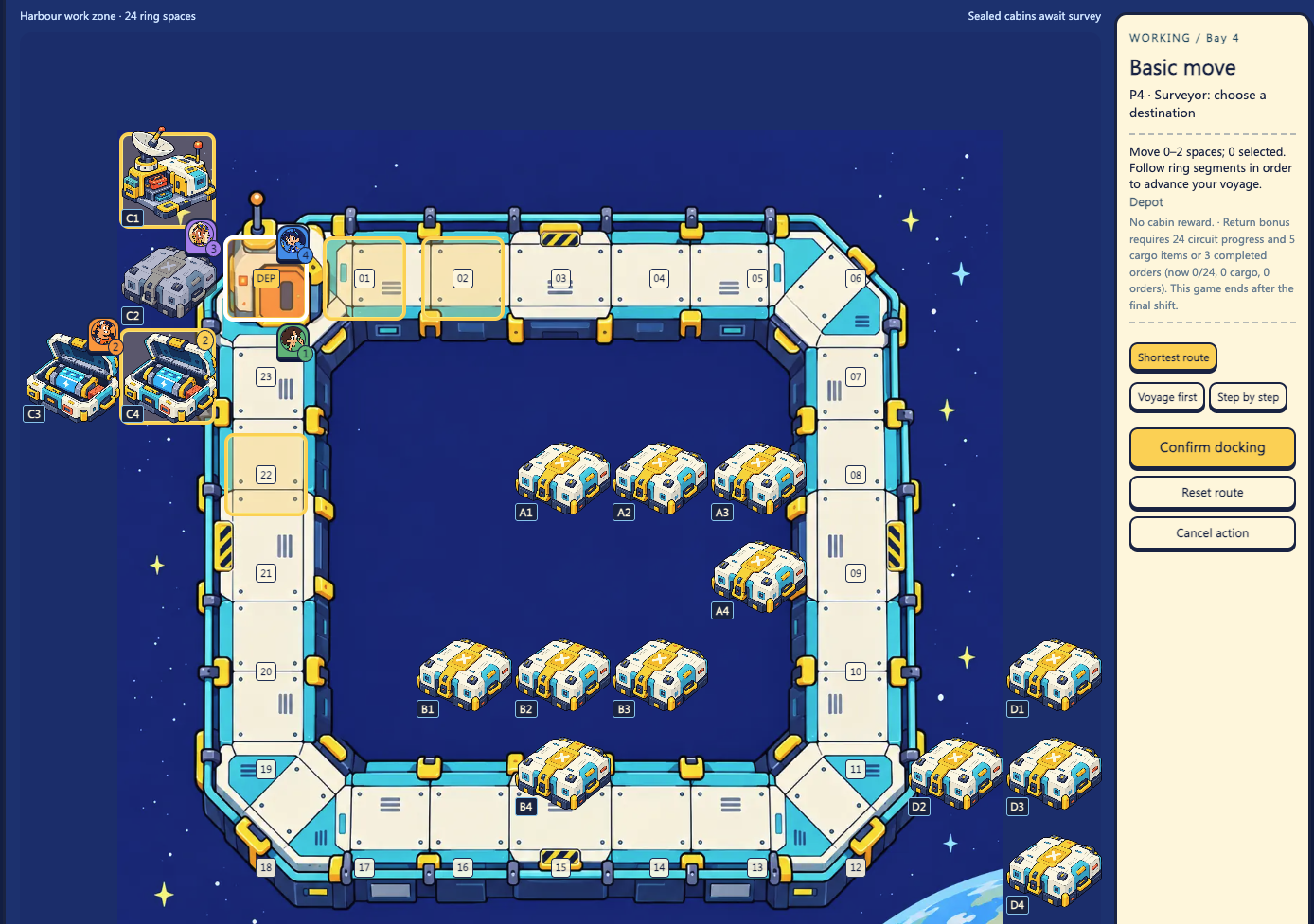Ring Harbour work zone showing the 24-position ring map with sealed cabins and depot