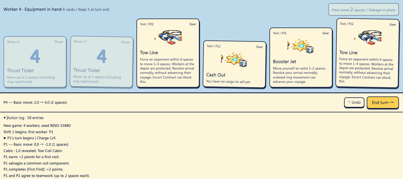 Equipment deck showing Thrust Ticket, Tow Line, Booster Jet, and Cash Out cards